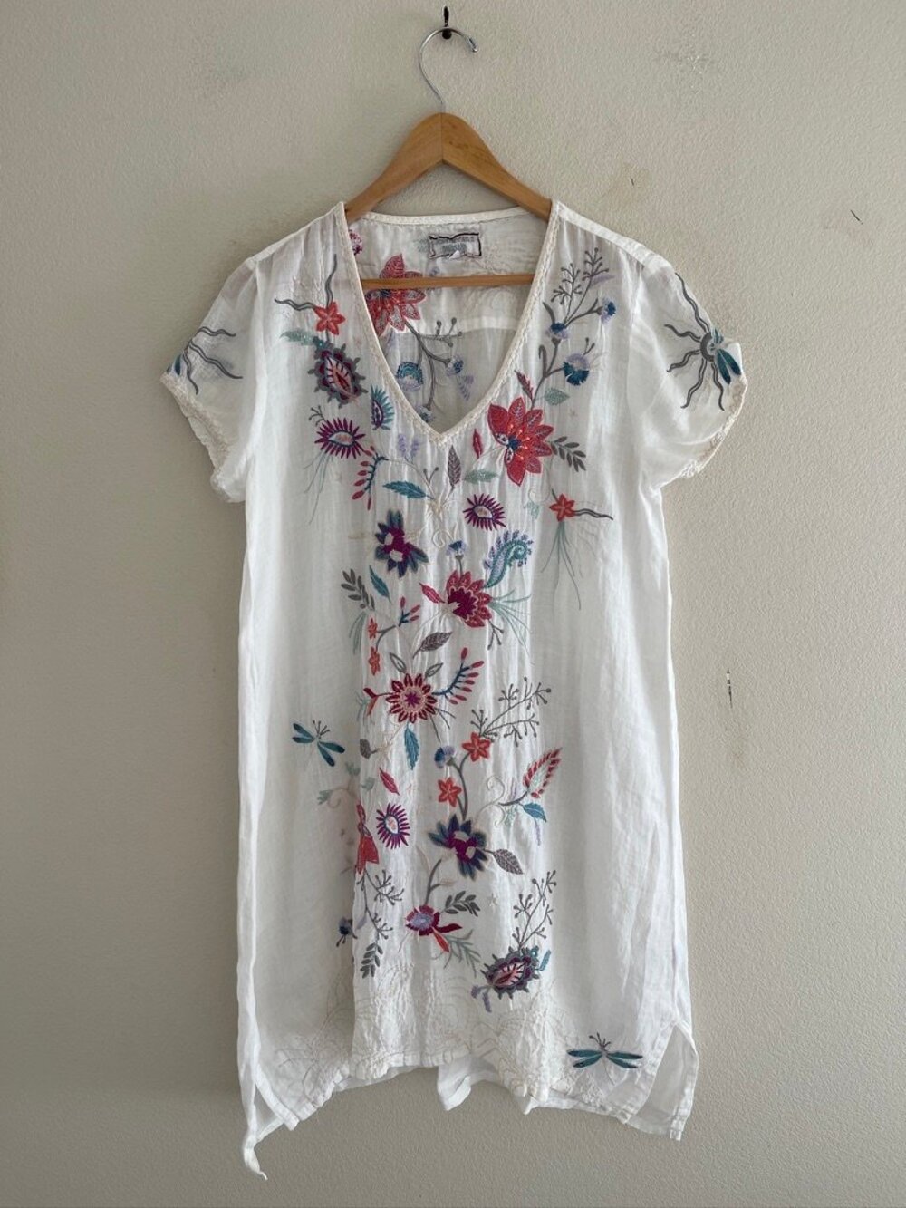 JOHNNY WAS WorkShop Heavily Floral & Dragonfly Embroidered Dress: Size Medium